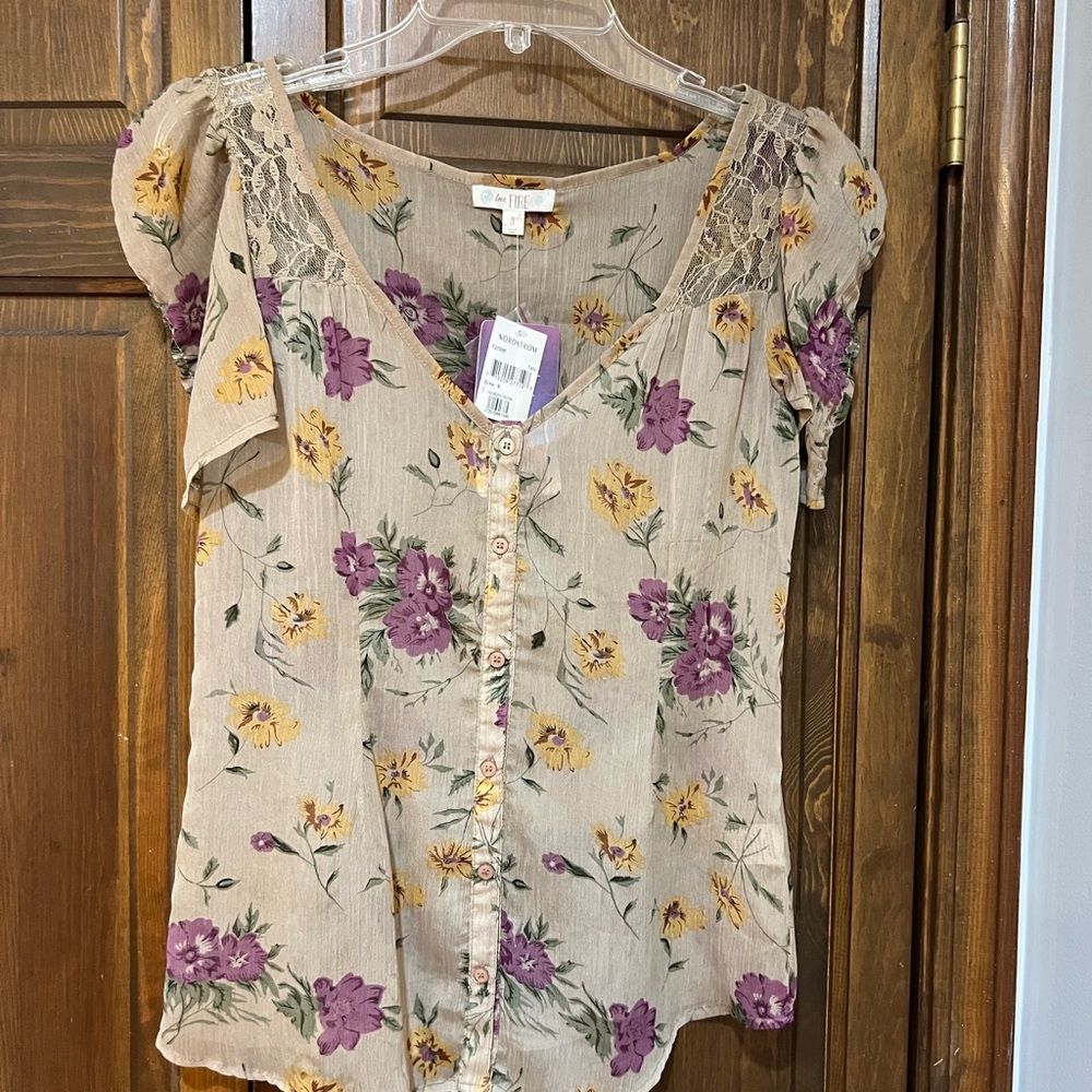 love, Fire Floral Button-Up Blouse - Purple and Yellow